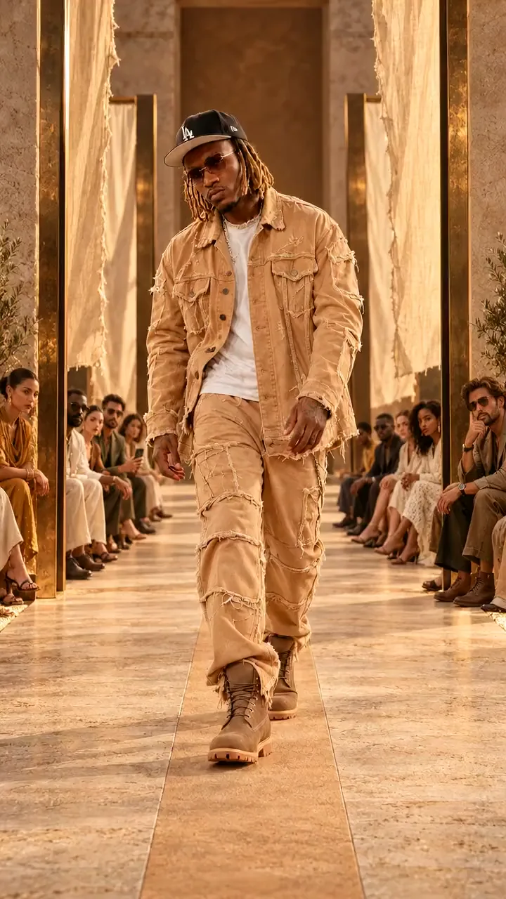 AI-created runway film: Kameron in distressed tan denim on a warm sandstone runway with a coordinated audience.